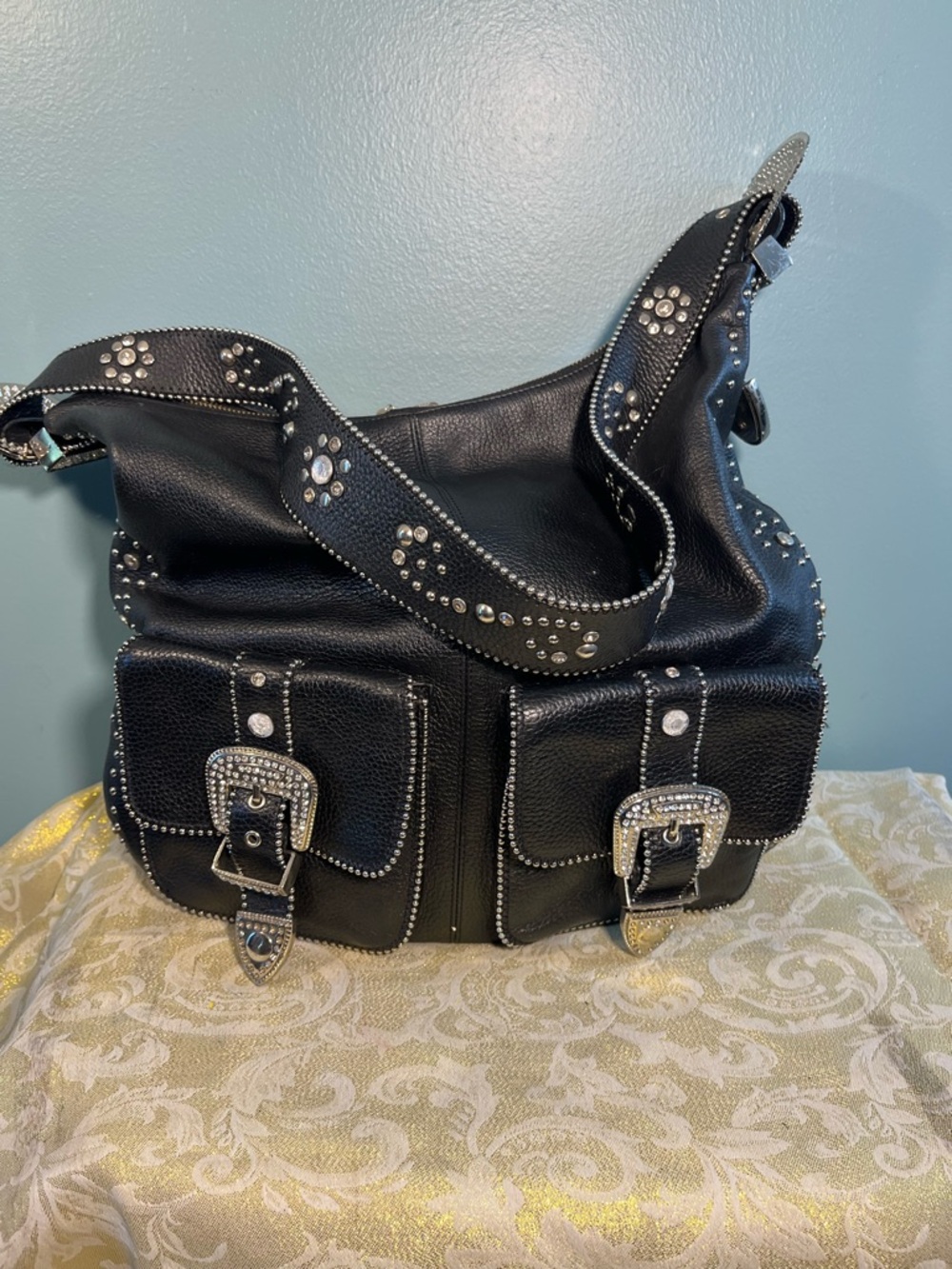 Charm and Luck Black Genuine leather & Rhinestone Shoulder Bag